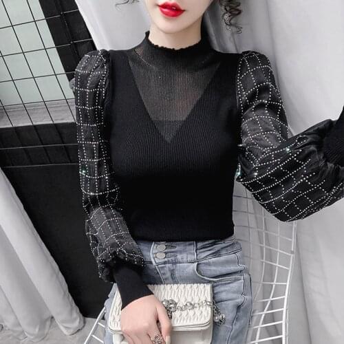 Diamonds Sweater Mock Neck European Fashion New Fall Splicing Knitting Stitching Chiffon Lantern Sleeve Female Temperament Tops