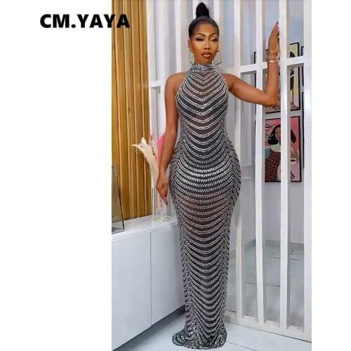 CM.YAYA Women Long Dress Mesh See-through Diamonds Sleeveless Halter Back Zip Stretchy Bodycon Skinny Maxi Dresses Summer Outfit