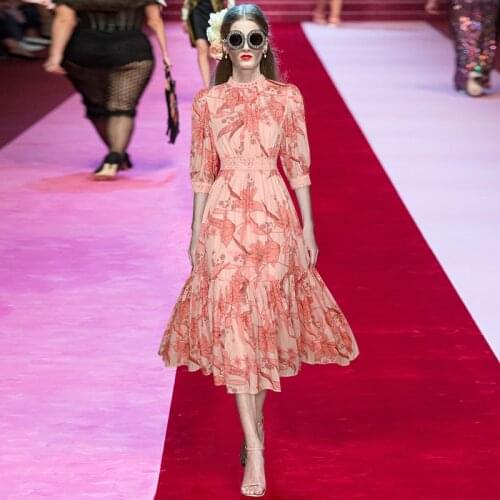 Runway New Summer Pink Short Sleeve Printed Pleated Dress 210623Z01