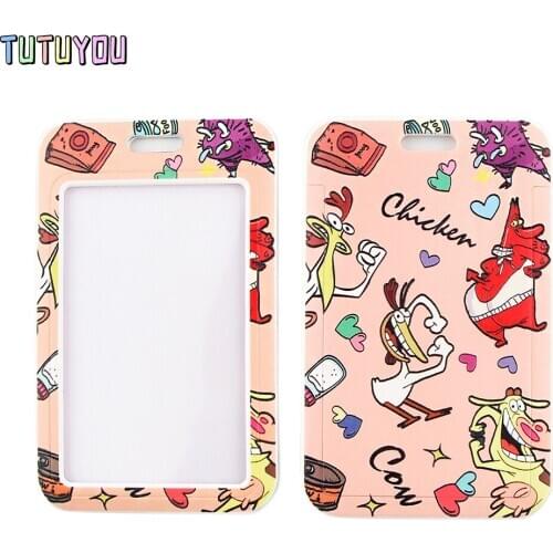 1pcs PC2432 Pink Chicken And Cow Cartoon Card Holder ID Holder Bus Card Holder Staff Card With Lanyard