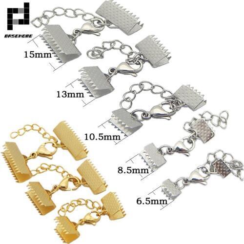 BASEHOME 10pcs/lot Gold Color Stainless Steel Textured End Caps Crimp Clasps Fit Flat Leather Cord DIY Bracelet Necklace Jewelry