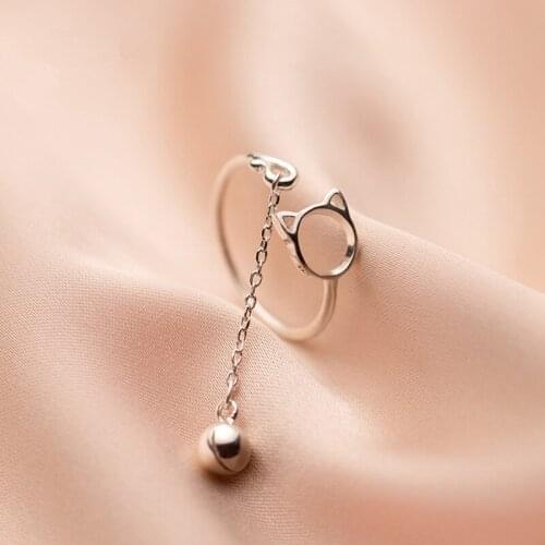 100% 925 Sterling Silver Cartoon Hollow Cat Bell Open Rings for Kids Daughter Girl Creative Cute Style S925 Silver Jewelry Gift