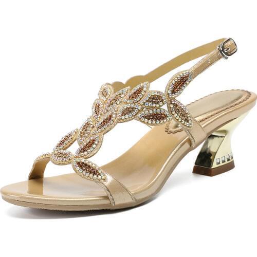 2019 Summer Women Fashion Gold 6cm High Heels Sandal Buckle Rhinestones Sandals Shoes