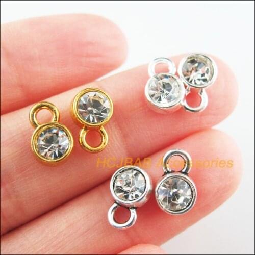 30Pcs Retro Gold Silver Tibetan Silver Tone Round Clear Crystal Charms Pendants 7x10.5mm