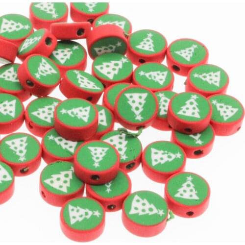 CHONGAI 50Pcs Polymer Soft Clay Christmas Tree Flat Round Handmade Beads For Jewelry Making DIY Bracelet 10.4mm