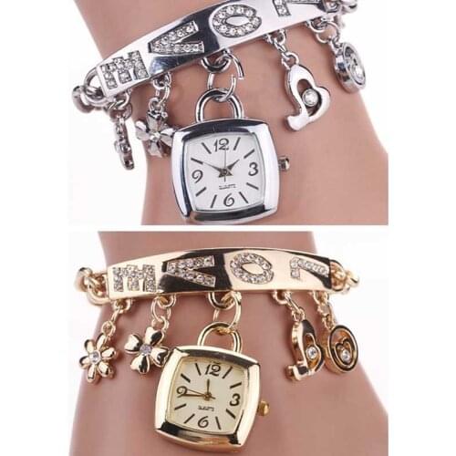 Women New Trendy Bracelet Special LOVE Pendant WristWatch Flowers Fashion Rhinestone Ladies Dress Quartz Watch Clock Girls Gift