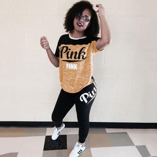 Hot Letter PINK Print Women Outfit Short Sleeve T-Shirt and Long Bodycon Pants 2 Piece Set Plus Size Womens Tracksuit