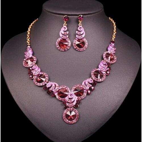 Fashion Gold Color Plated Round Crystal Necklace Earring Set for Brides Womens Rhinestone Wedding Party Dresses Jewelry sets