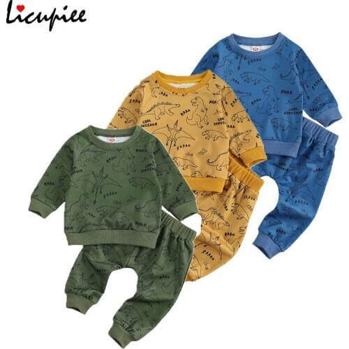 Toddler Baby Boys 2 Pcs Clothes, Cartoon Dinosaur Round Neck Long Sleeve Sweatshirts + Long Pants Sets 0-24 Months