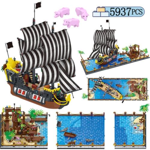 5937PCS Pirates Ship Series Barracuda Booty Bay MOC Building Blocks City Dock Base Sailboat Bricks Education Toys for Children