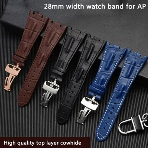 Leather watch band original size notch bracelet replacement for AP Royal Oak series 28mm folding buckle