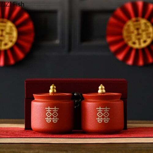 Kitchen Storage Supplies Tea Container Red Ceramic Tea Caddy Wedding Wedding Candy Jar Sealed Jar Chinese Wedding Blessing Gift