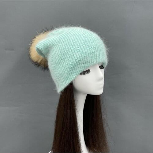 Womens Hat Winter Thick Soft Angora Beanie Hat Plush Cashmere Fur Pom Pom Hat Skullies 2021 New Style