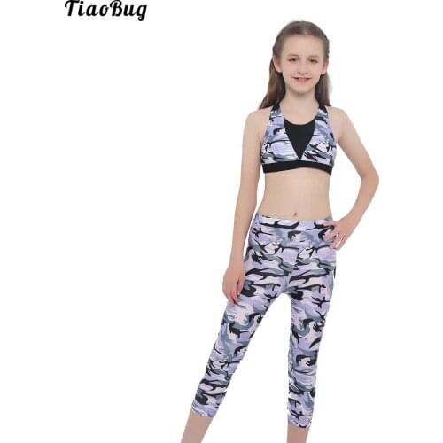 TiaoBug Fashion 2Pcs Summer Kids Girls Athletic Sport Suit Dance Outfits Camouflage Tracksuit Crop Impact Cut Out Top And Pants