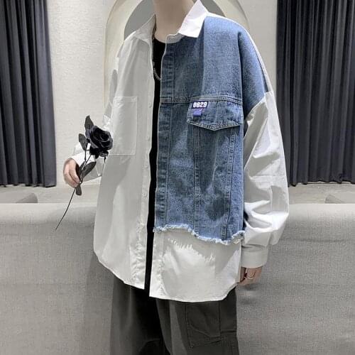 Shirt Men 's Ins Spring and Autumn Outer Wear Korean Style Trendy Handsome Stitching Denim Design Long Sleeve Youth