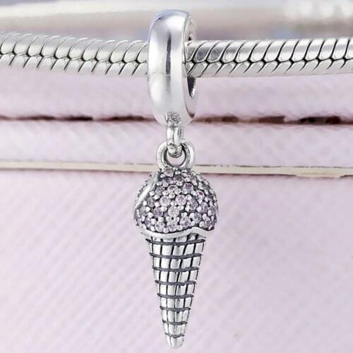 Original Pave Ice Cream Cone With Pink & Clear Crystal Pendant Beads Fit 925 Sterling Silver Charm Bracelet Diy Jewelry