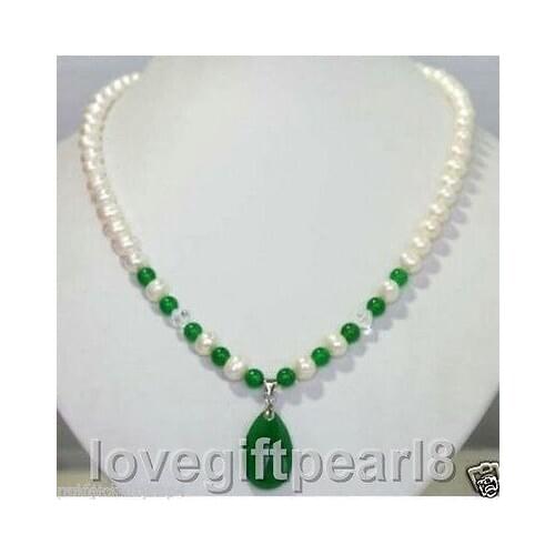 New Jewelry White Freshwater Pearl & green jade Pendant Necklace