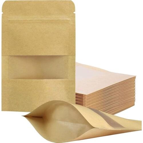 Esealable Bags Stand Up Kraft Paper Bags with Matte Window Food Storage Bags for Packaging Products, Reusable 100 Pcs