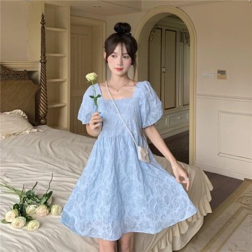 French square neck jacquard puff sleeve A-line dress women retro flower pattern mori girl loose dresses kleid robe