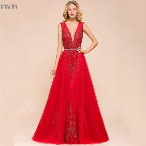 2020 Red Lace Long Evening Dress With Attachable Train Deep V-neck Evening Gowns Open Back Robe de Soiree Longue