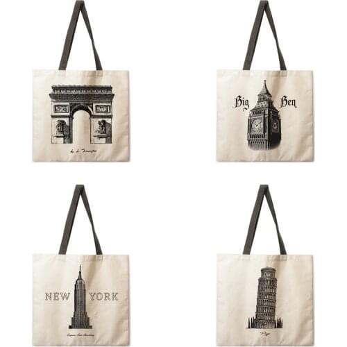 Shoulder bag sketch architectural printing casual tote bag linen Febric tote bag foldable shopping bag reusable beach bag
