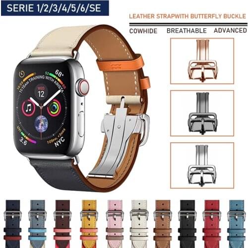 Loop Strap for Apple Watch Band 38/42mm iWatch Butterfly clasp leather bracelet bands for Apple watch series 6/SE/5/4/3 44/40mm