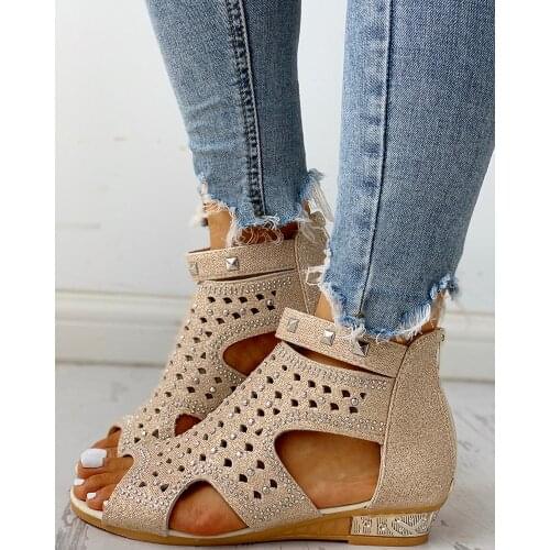 Hot Women Wedges Sandals Ladies Crystal Fish Mouth Hollow Roma Summer Shoes Fashion Casual Non-Slip Bordered Bling Footwear