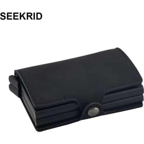 SEEKRID Vintage Twin Metal Card Holder RFID Blocking Aluminium Business Leather Credit Cardholder Men Double Case Wallet Purse