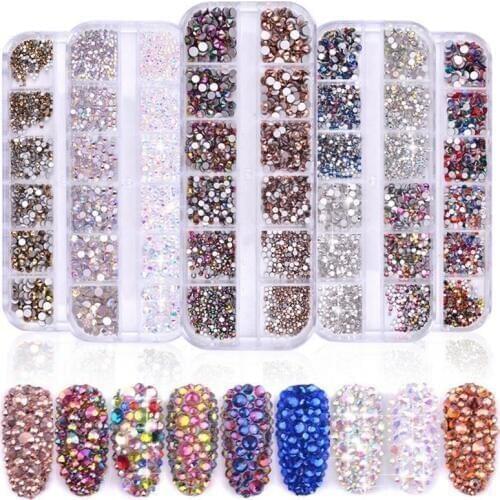 1 Box Multi Size Glass Nail Rhinestones Mixed Colors Flat-back AB Crystal Strass 3D Charm Gems DIY Manicure Nail Art Decorations