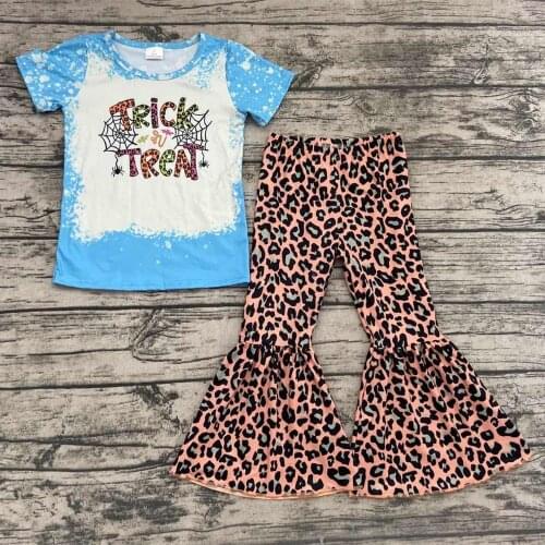 High quality kids fall short sleeve outfit Halloween style baby girls boutique clothing set with leopard flare pants