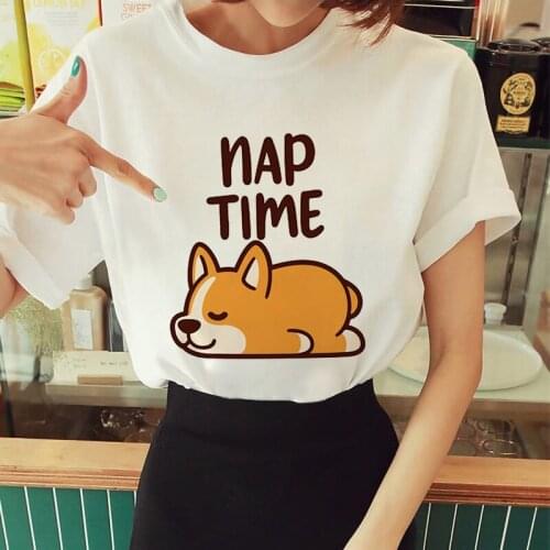 2021 Summer Ladies T-shirt Cartoon Cute Corgi Animal Print T-shirt Top Short Sleeve O-neck Casual Fashion Ladies Oversized Shirt