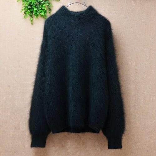 Female women winter thick warm mink cashmere knitted long lantern sleeves turtleneck slim blouses pullover angora fur sweater