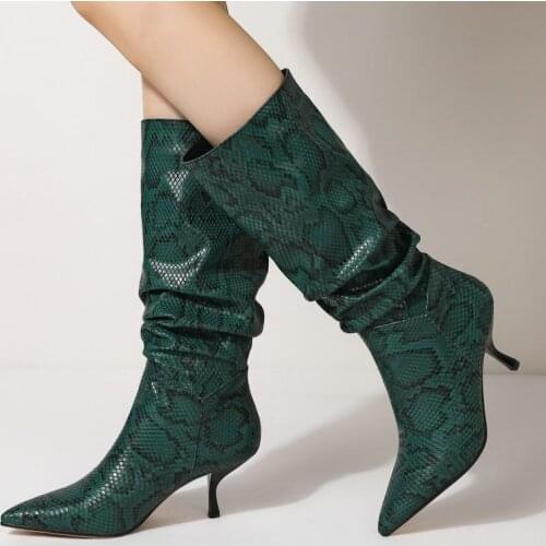 Fashion Pleated Snake Print Women Boots Slip On Thin Heel Knee High Boots Ladies Pointed Toe Autumn Winter Long Boots Plus Size