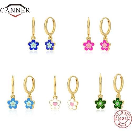 CANNER 925 Sterling Silver Zircon Enamel Flower Pendant Piercing Dangle Drop Earrings for Women Round Earring Jewelry Girls Gift