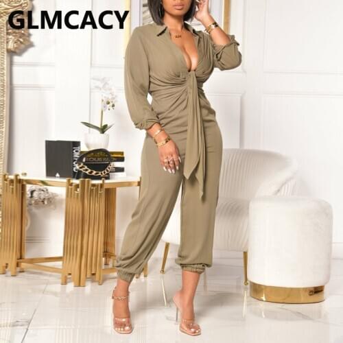 Women Turn Down Collar V Neck Regular Jumpsuits Smart Casual Workwear