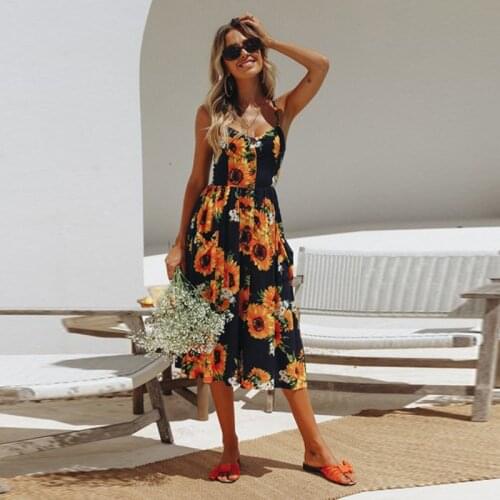 Women sleeveless Vintage Casual Beach Midi Dress Summer Button Backless Polka Dot Striped Dress Boho Sexy Floral Sundress Female