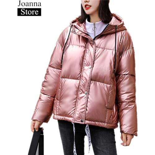 Winter New Hooded Glossy Short Cotton Clothing Women Oversized Loose Warm Cotton Jacket Female Thick Black Parka Zipper Jackets