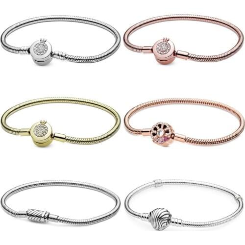 100% 925 Sterling Silver Moments Sparkling Crown O Pink Fanmagnetic Seashell Clasp Bracelet Fit Fashion Charm Trendy Diy Jewelry