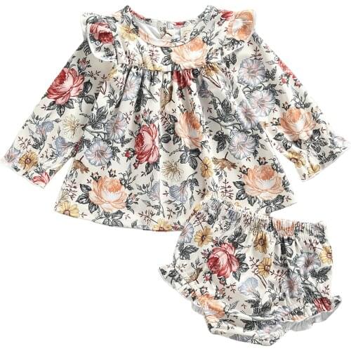 Wallarenear 0-4Years Toddler Baby Girl 2Pcs Autumn Casual Clothing Set Long Sleeve O-Neck Dress Top Shorts Outfit