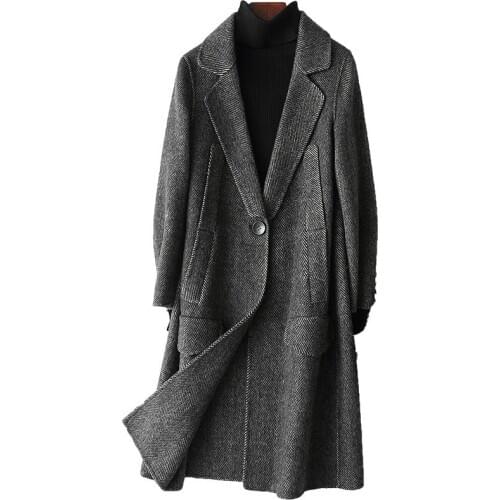 2020 New Spring Autumn Real Wool Coat Women Vintage Casual Print Ladies Long Jacket Coats Elegant Casaco Feminino 38048
