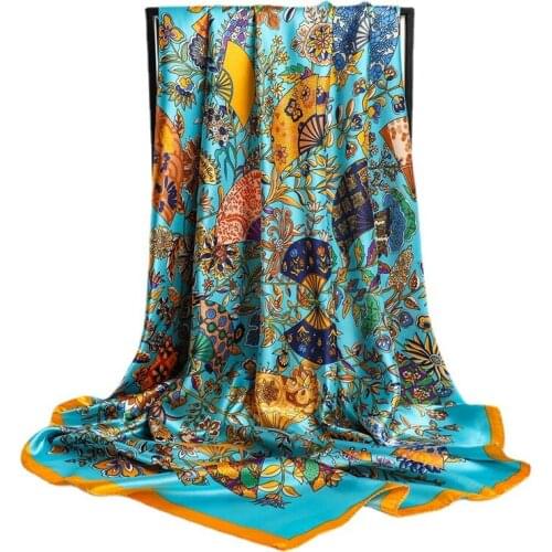 2021 Silk Scarf Luxury Vintage Print Headband Women Stole Square Neckerchief Large Hair Hand Female Head Wrap Lady Bandana