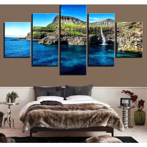 Canvas Prints Pictures Landscape Poster Wall Art 5 Pcs Paradise Island An Island Alpine Waterfall Painting Home Decor(No Frame)