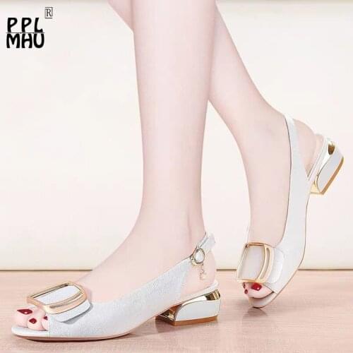 Peep Toe Women Sandals 2021Summer Buckle Mid Heel Party Shoes Designer Luxury Outside Wear Non-Slip Metal Decoration Dress Shoes