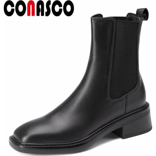 CONASCO Concise Women Ankle Boots Autumn Winter Warm Genuine Leather Causal Prom Office Lady Motorcycle Shoes Woman