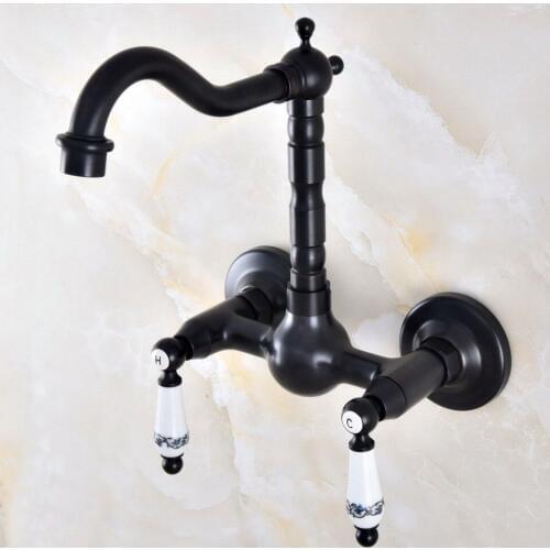 Black Oil Rubbed Bronze Bathroom Kitchen Sink Faucet Mixer Tap Swivel Spout Wall Mounted Two Handles mnf866
