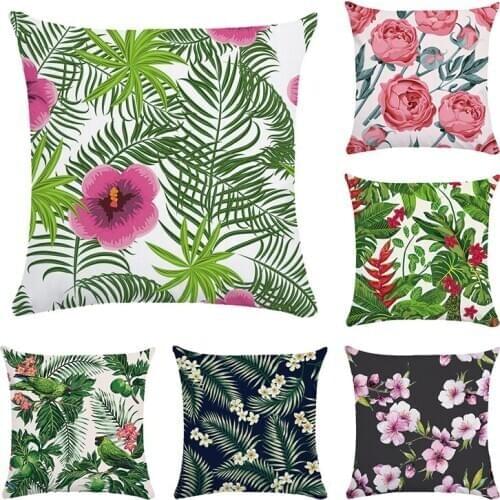 Hibiscus Flower Monstera Leaves Cushion Covers Tropical Summer Beautiful Floral Pillow Cushion Cover Beige Polyester Case CR189