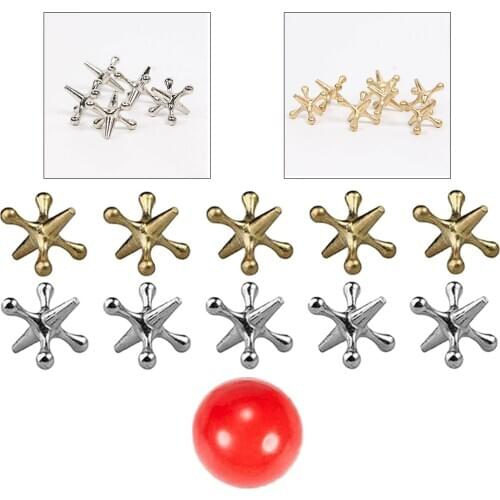 Jack Games- 10 Pcs Gold and Silver Metal Jacks 1 Red Rubber Bouncy Balls Classic Game of Jacks for Party Favor Kids and Adult