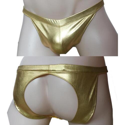 Hot Sexy Gold Metallic Shiny Open Butt Gay Fetish Brief T-Back Panties for Men Bikini Underwear Under Pants Lingerie