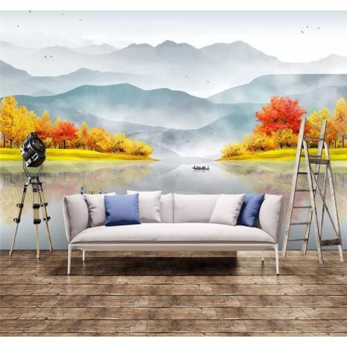 Ink artistic painting gold tree sofa bedroom TV background wall professional production mural custom photo wallpaper