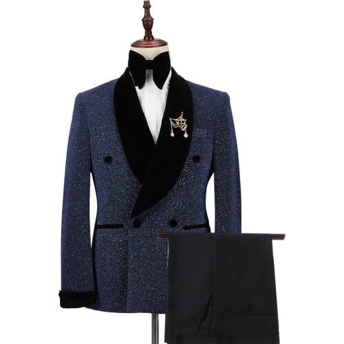 Custom Made Navy Blue Men Suits Double Breasted Smoking Jacket Mens Tuxedos Groom Wedding Suit Costume Mariage Homme 2 Piece